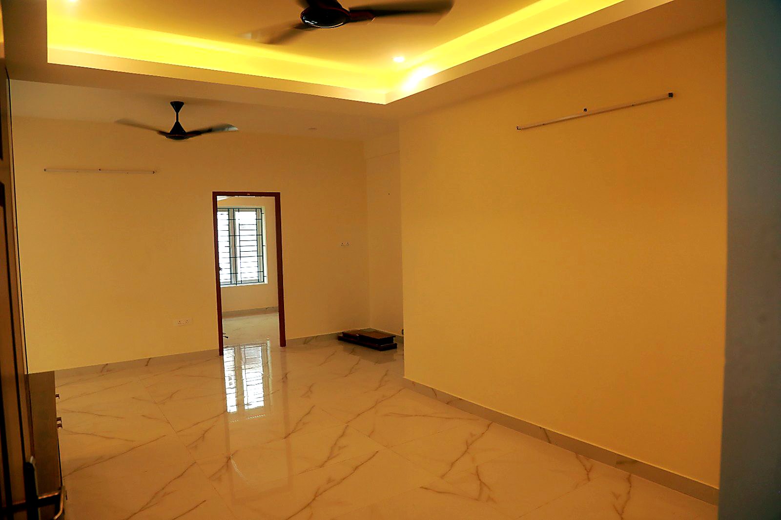 Open living space with warm lighting